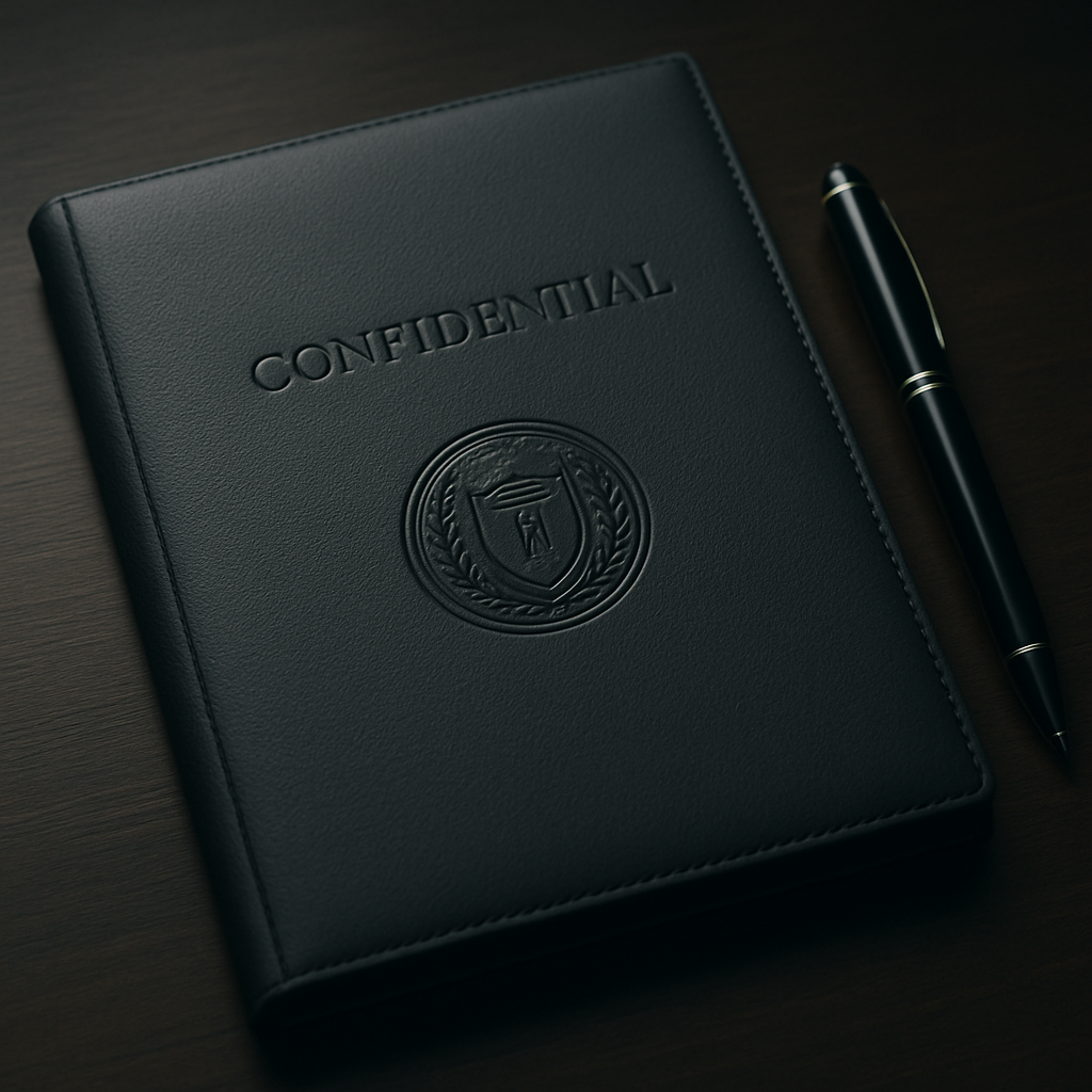 Close-up of a confidential briefing folder with embossed seal and fountain pen