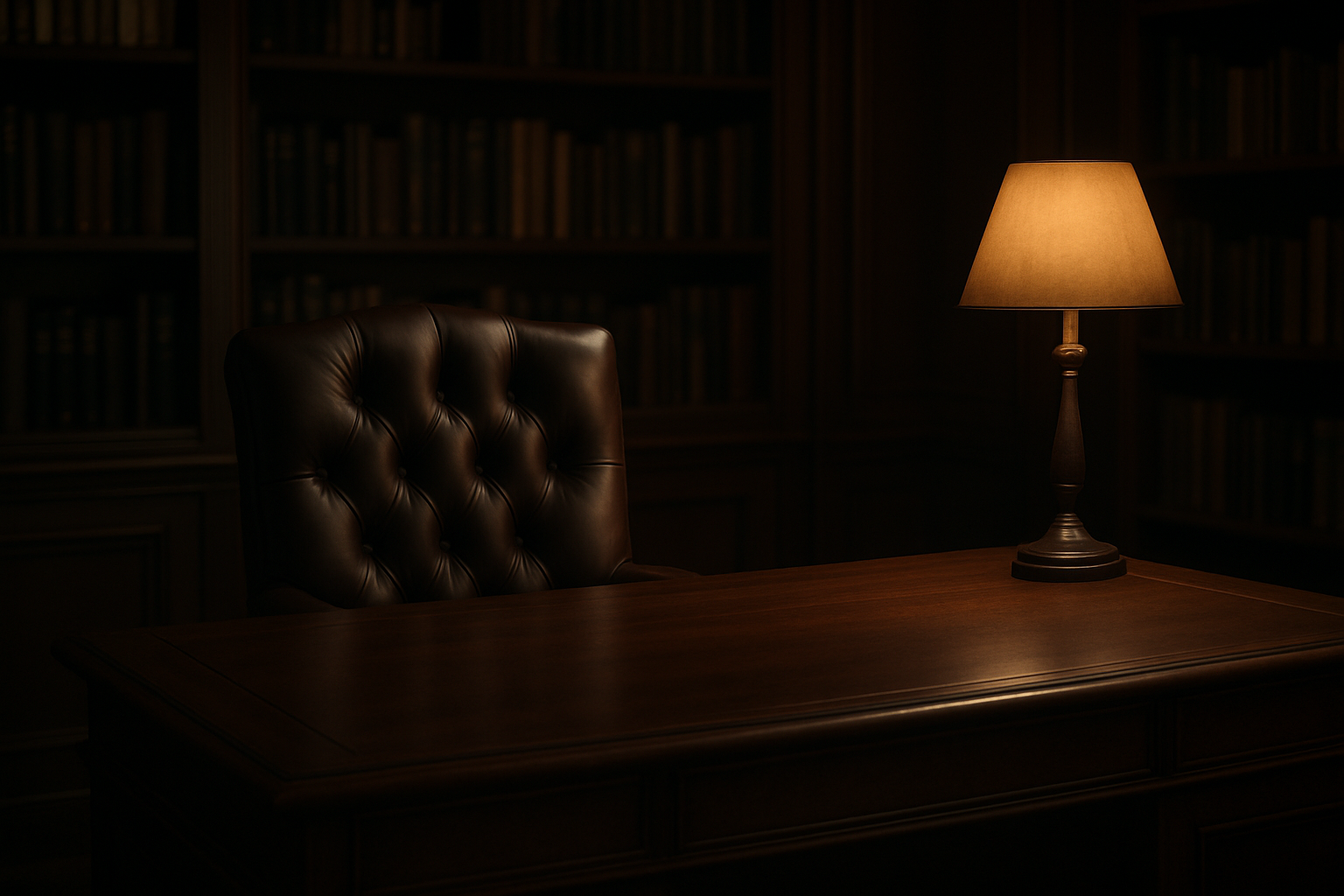 Dimly lit executive library with a walnut desk, leather chair, and soft lamp glow