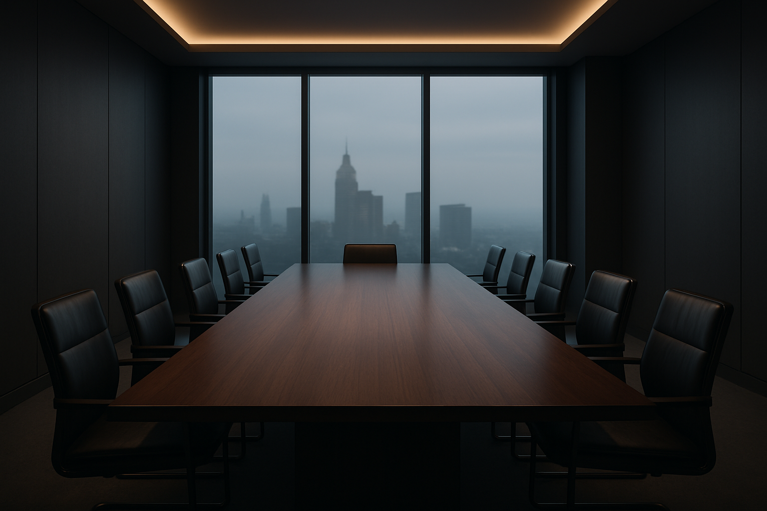 Elegant executive meeting room with soft lighting, dark wood table, and muted city skyline through tall windows