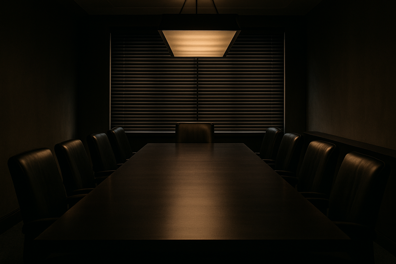 A private boardroom with a long table, soft overhead lighting, and closed blinds