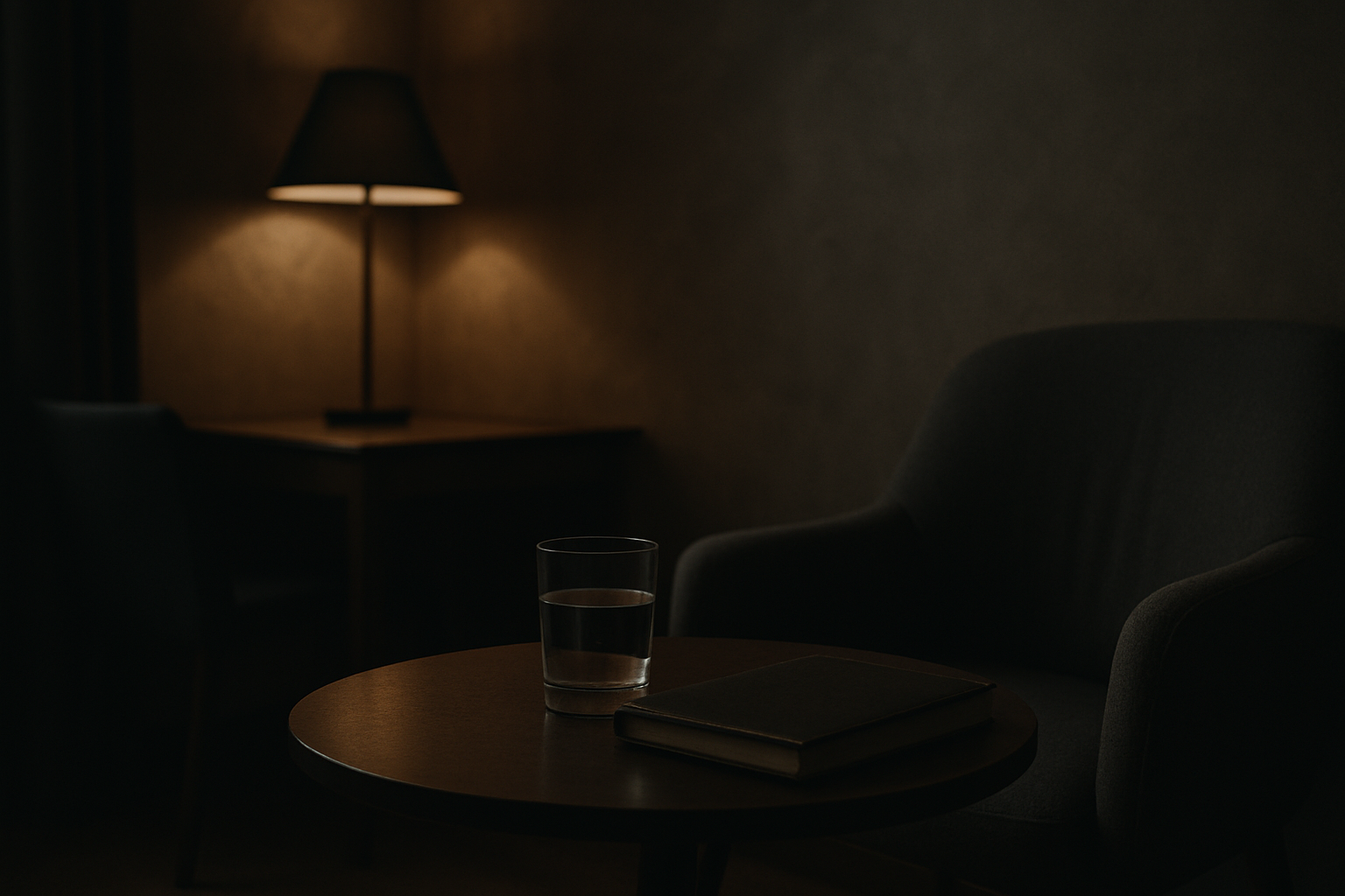 A softly lit consultation room with minimal decor, a glass of water, and a closed notebook