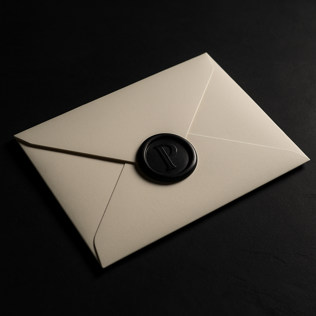 An ivory security envelope with a minimal wax seal resting on a dark slate table, lit with a restrained, high-contrast glow
