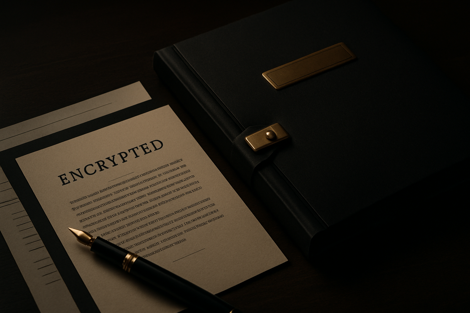 A close view of encrypted documents, a fountain pen, and a secure folder on a dark desk
