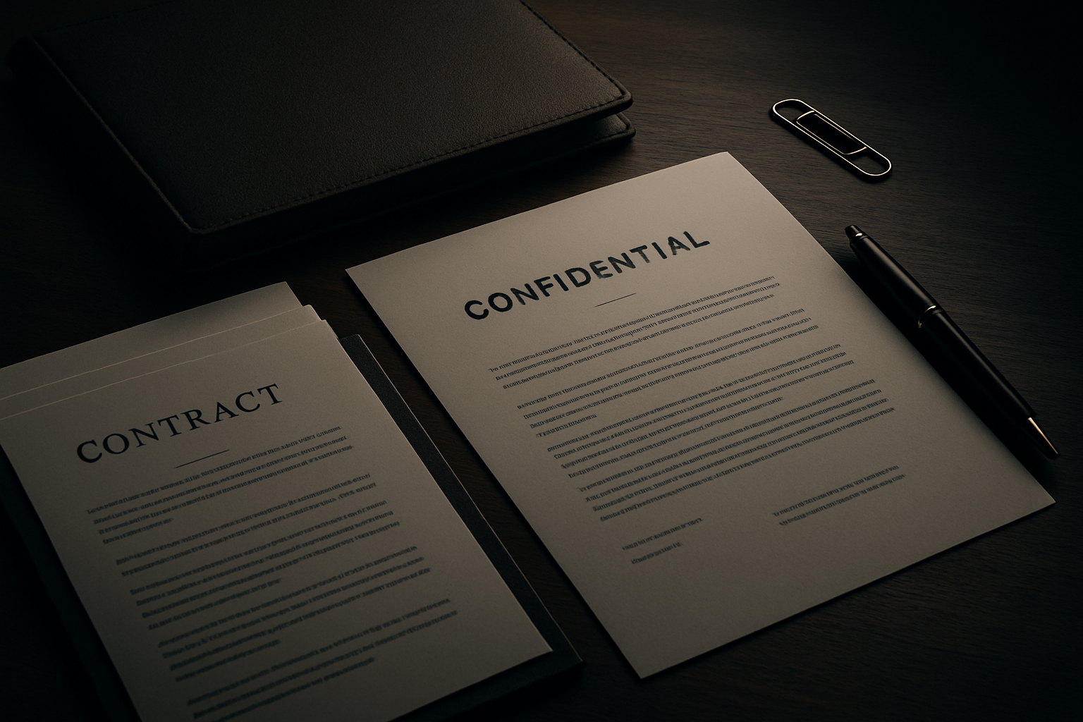 Secure documents arranged neatly on a dark walnut desk with a leather-bound folder, a fountain pen, and a subtle gold paperclip under soft directional light