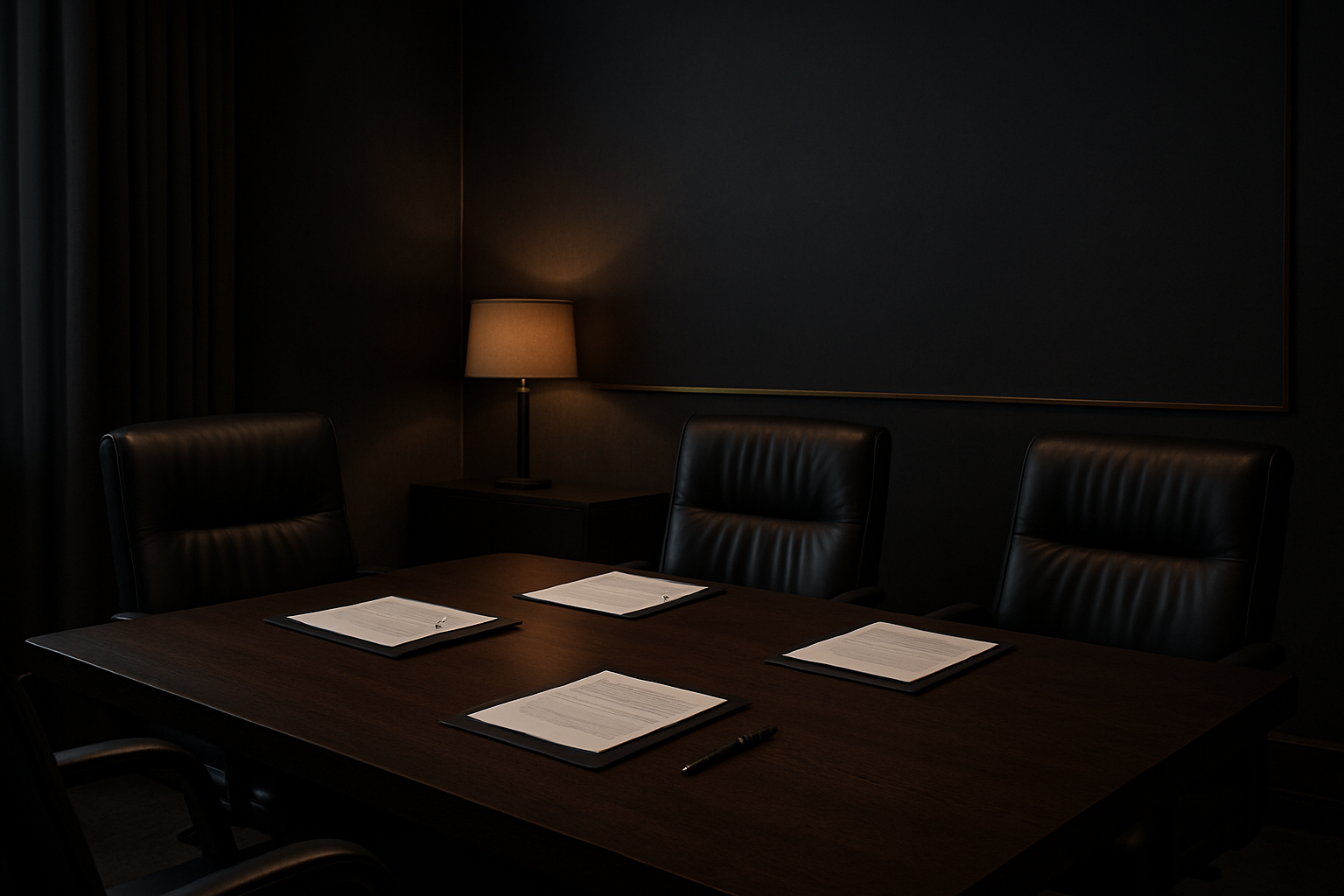 Quiet executive planning suite with a dark wood table, leather chairs, and softly lit documents arranged neatly