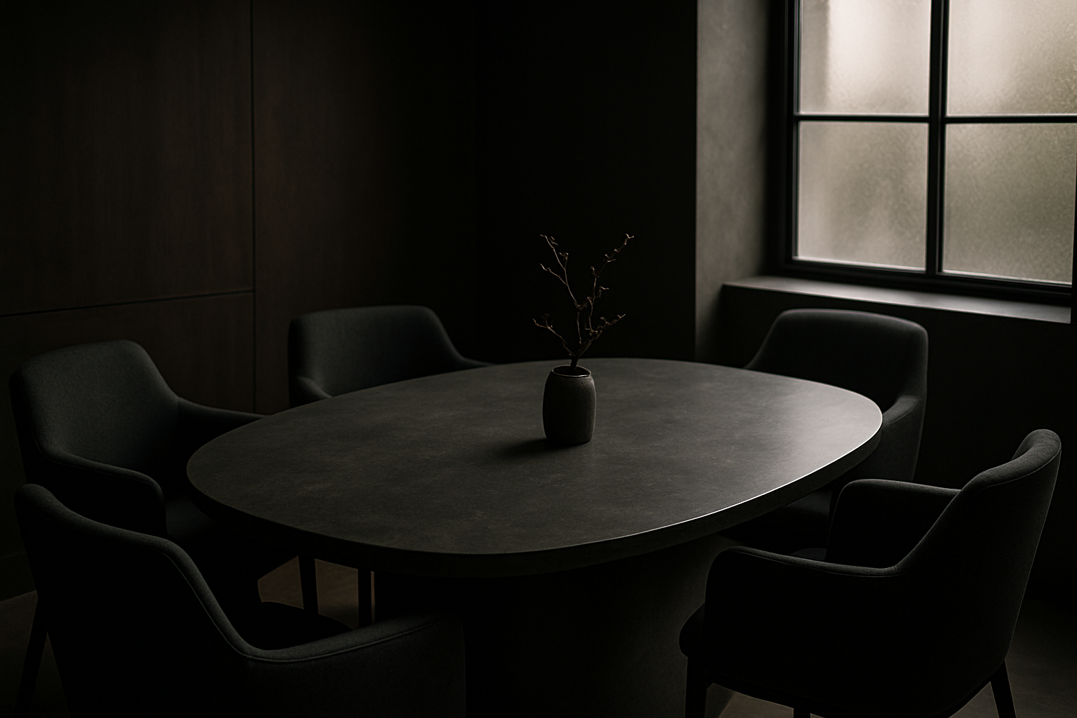 A private roundtable setting with modern seating, muted tones, and subtle natural light