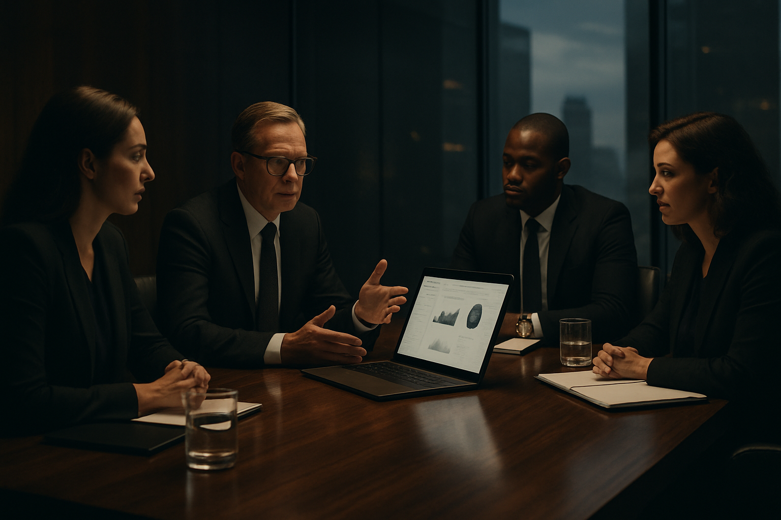 Executive boardroom meeting with a refined wood table, muted lighting, and professionals reviewing a strategic presentation