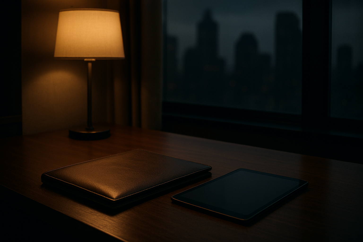 An executive planning desk with a leather folio, tablet, and subtle skyline reflection