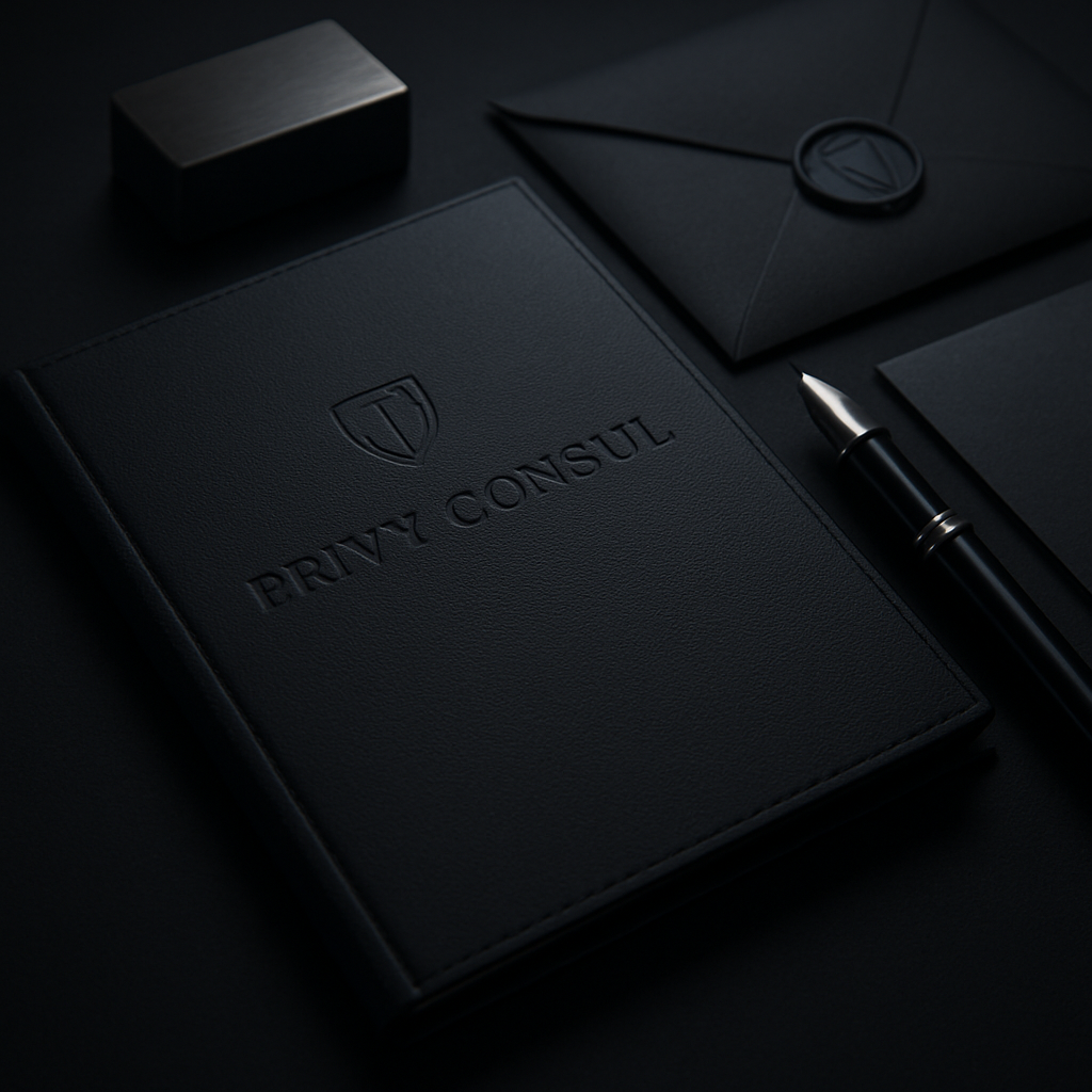 Close-up of a premium black dossier with embossed details next to a fountain pen and sealed notes