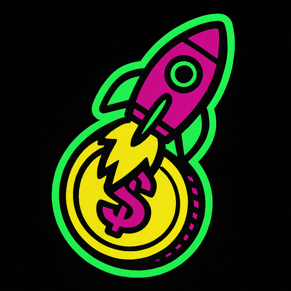 small pump.fun icon sticker with cartoon rocket on neon badge