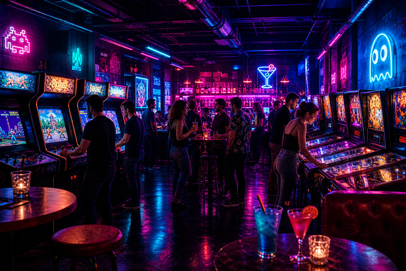 Neon-lit arcade bar scene with glowing machines, people playing, and colorful cocktails on the counter