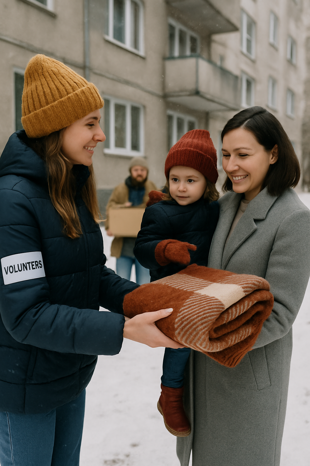 A smiling volunteer in a knit hat hands a folded wool blanket to a mother holding her young child outside a snowy apartment building