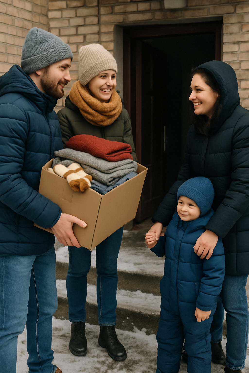 Volunteers in winter coats handing a packed box of blankets and warm clothing to a mother and child at the doorway of a snowy apartment building