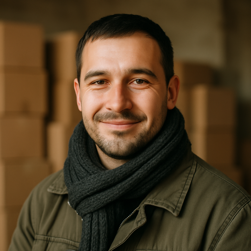 Portrait of Andriy, a volunteer in his thirties with short dark hair and a knit scarf