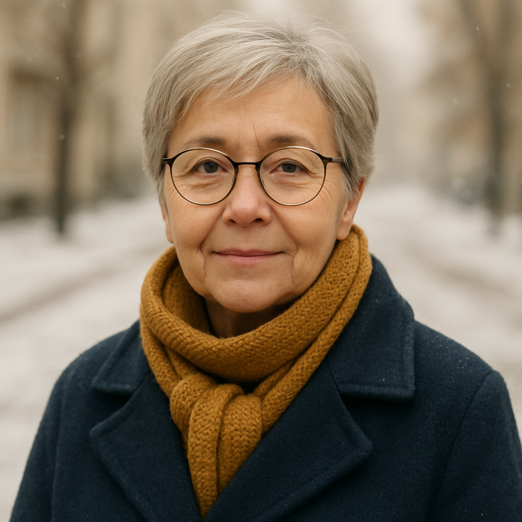 Portrait of Iryna, an older woman with short silver hair and glasses wearing a navy coat