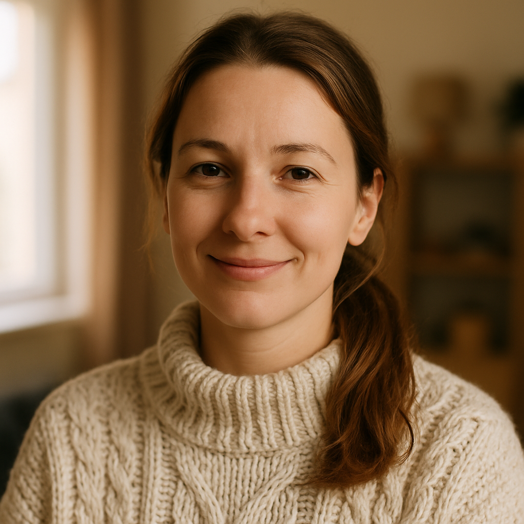Portrait of Olena, a mother with long light-brown hair wearing a cream sweater