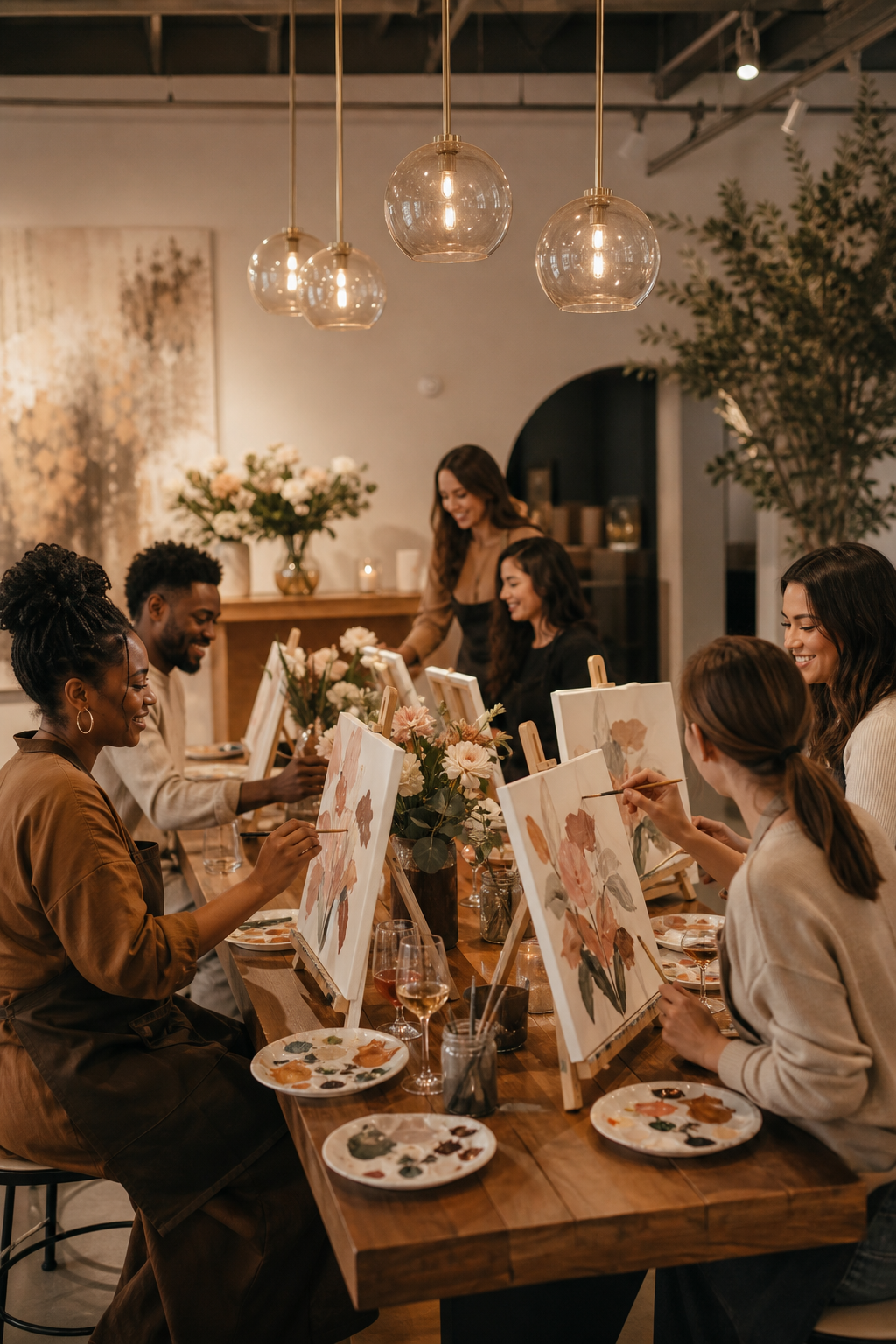 Warm, elegant hands-on creative gathering with people painting together at a softly lit community table