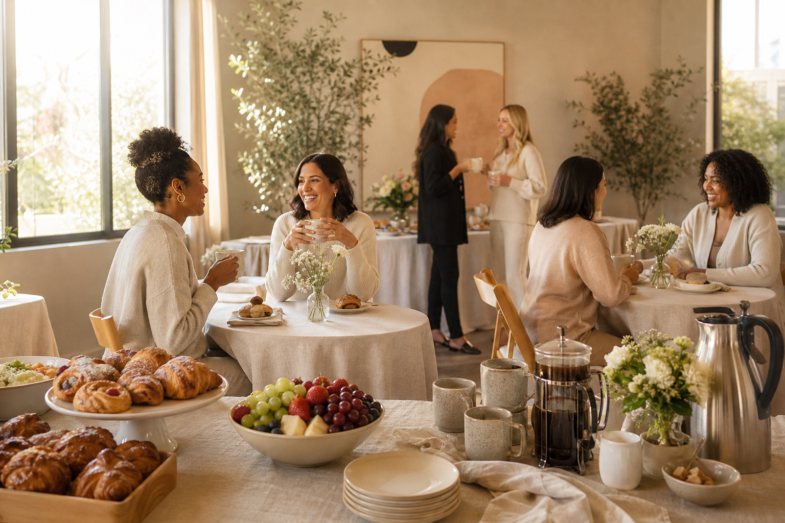 Morning gathering with artisanal breakfast spread, natural window light, polished table styling, and small groups in conversation