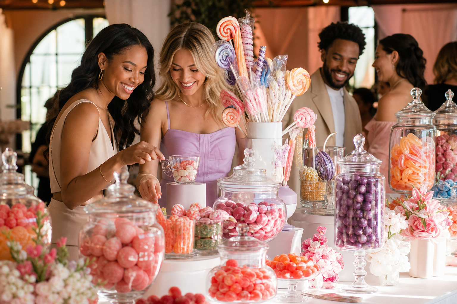 Vibrant premium candy bar display with curated color palette, glass jars, artistic sweets, and guests interacting around the installation