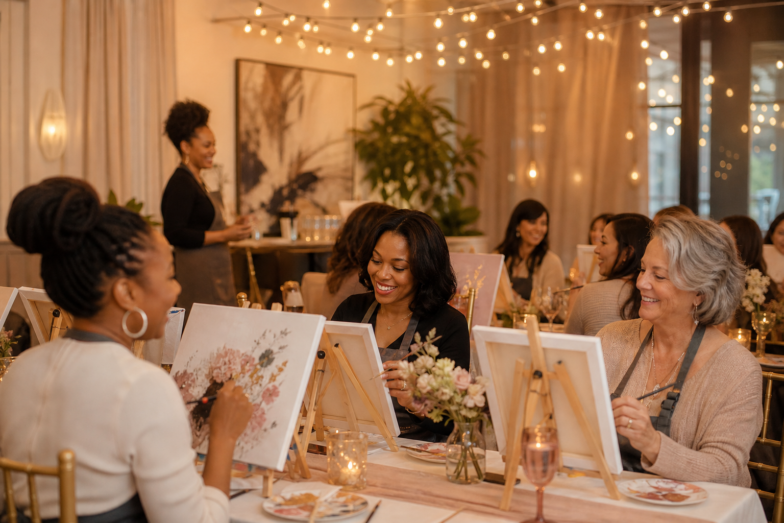 Warmly lit hands-on creative event with guests painting together around elegant tables