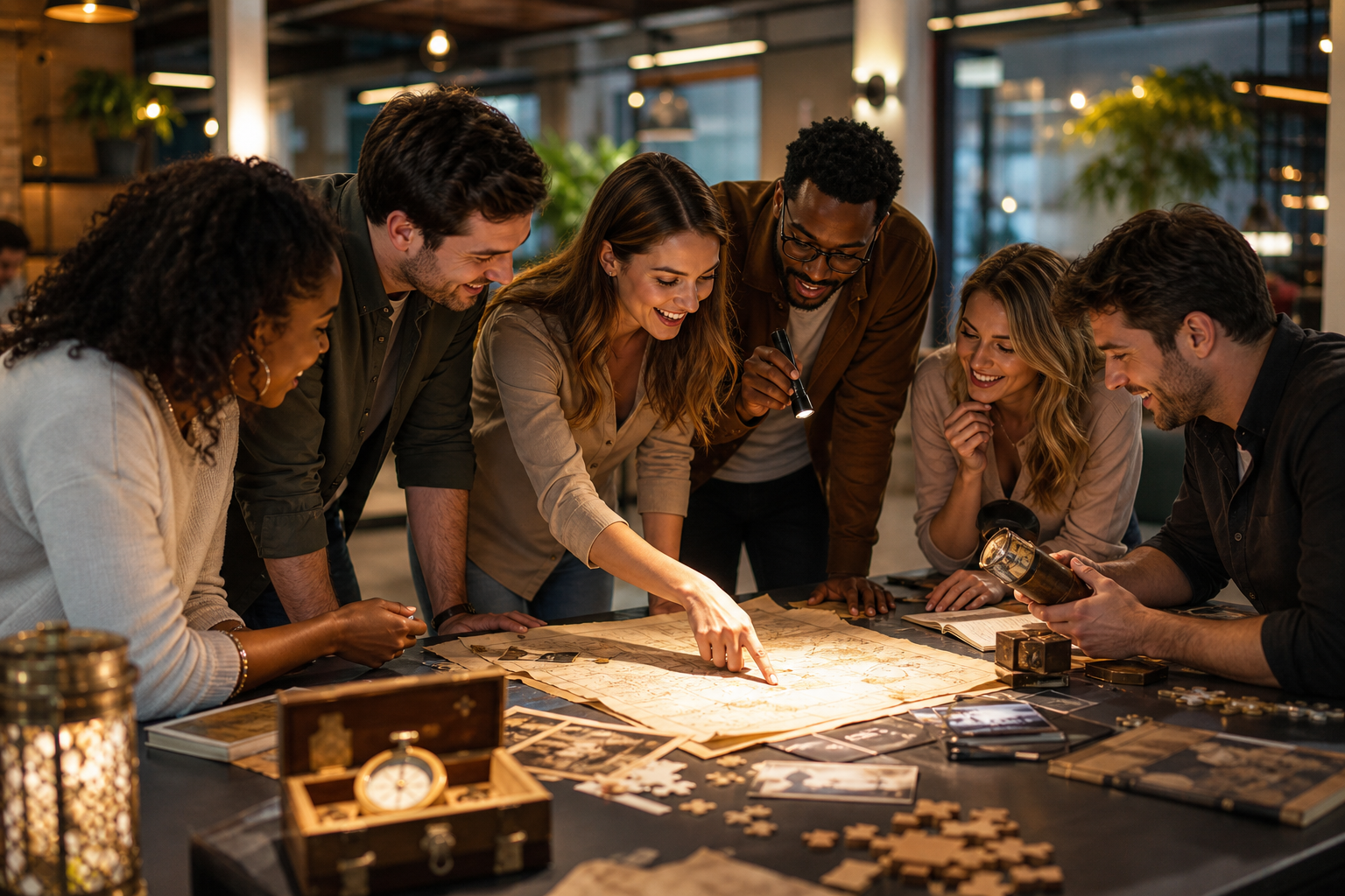 Small teams collaborating during an immersive clue-based adventure with maps, props, and lively expressions in an upscale indoor venue
