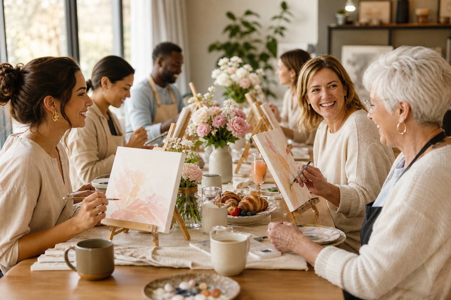 Guests gathered at a styled brunch table painting small canvases with pastel tones and fresh floral accents