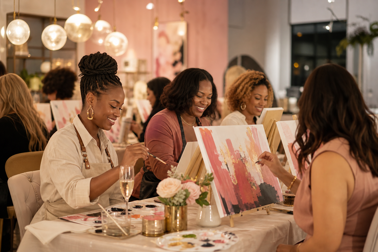 Guests in a warm studio-style event space painting on easels with champagne tones, soft pendant lighting, and refined celebratory styling