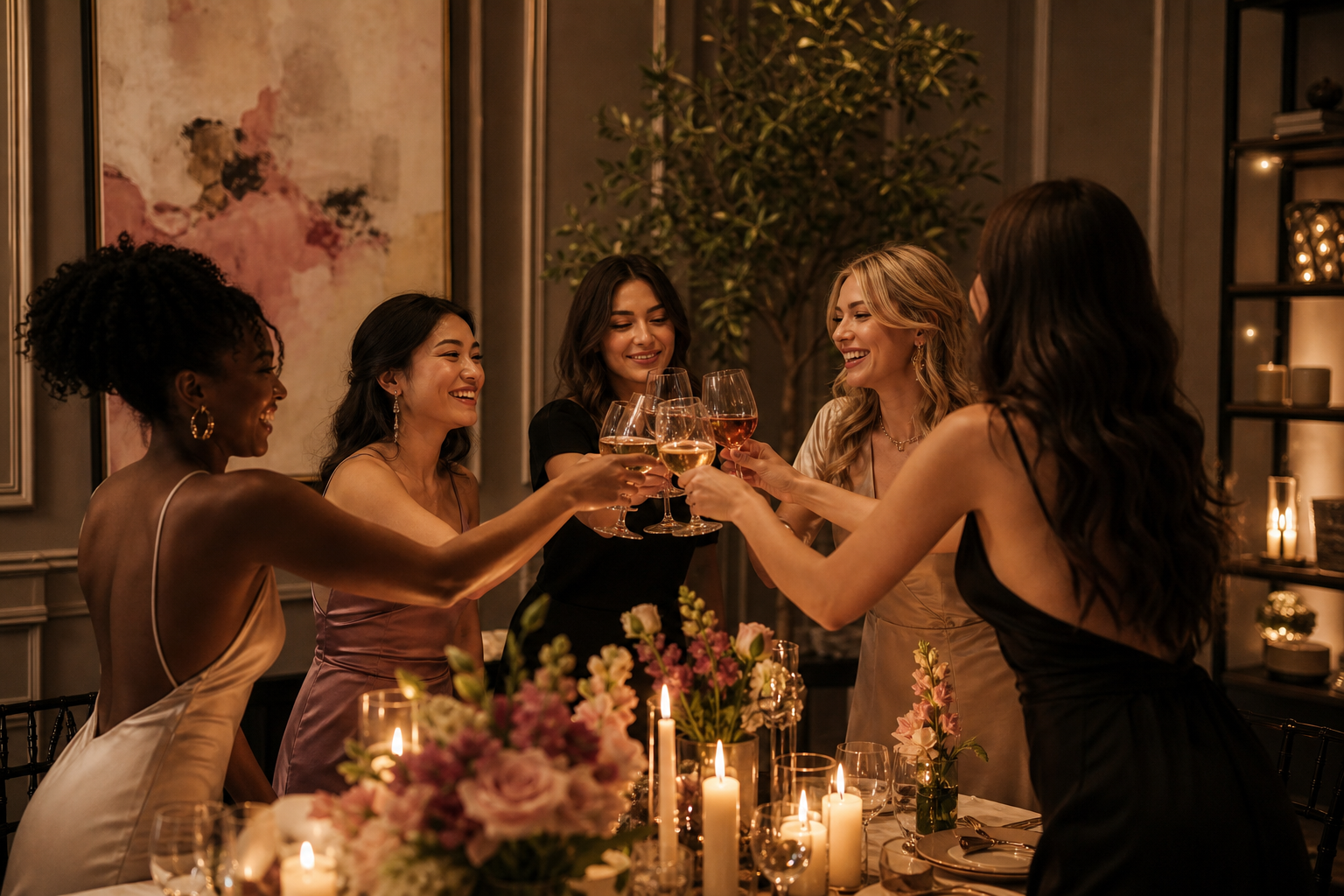 Intimate private celebration with elegant décor, candlelit table details, and guests toasting in a warm premium event setting