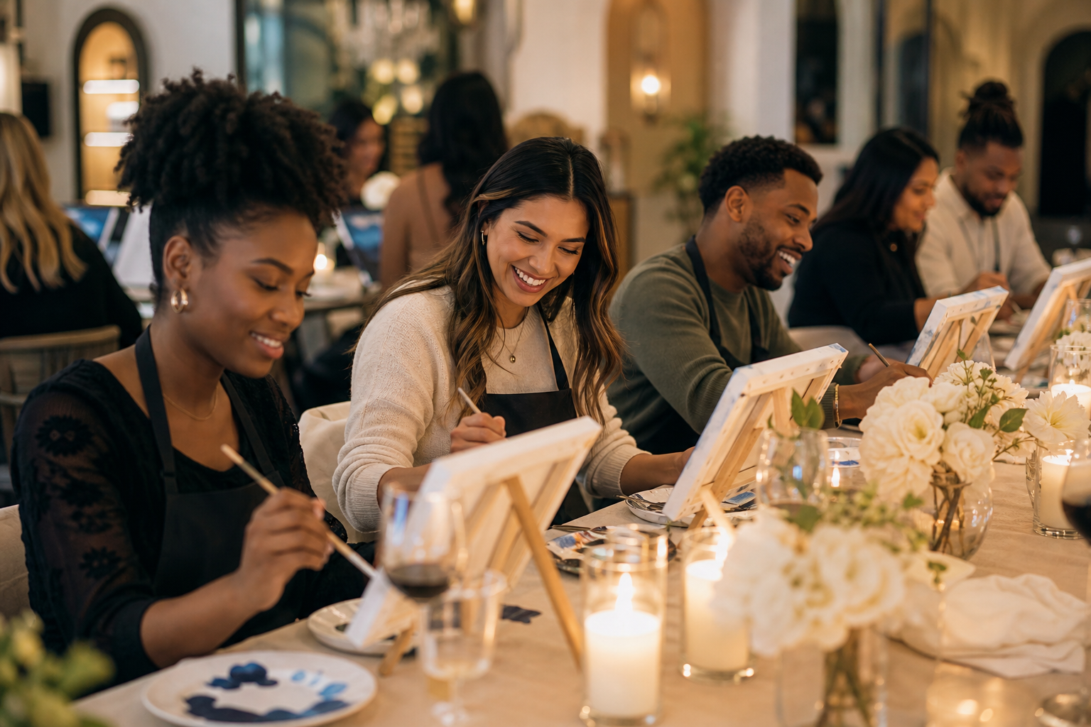 Guests painting, sipping, and sharing conversation around a warmly lit styled table