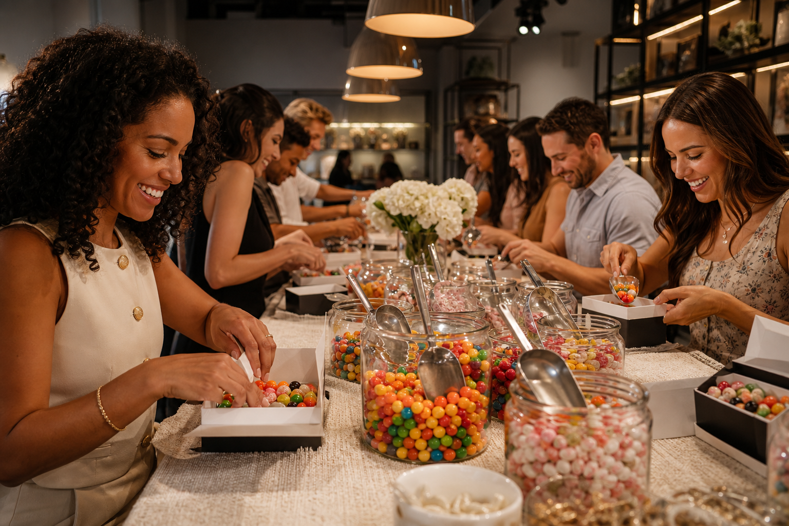 Participants designing colorful candy creations at a modern studio table with glass jars and warm pendant lighting