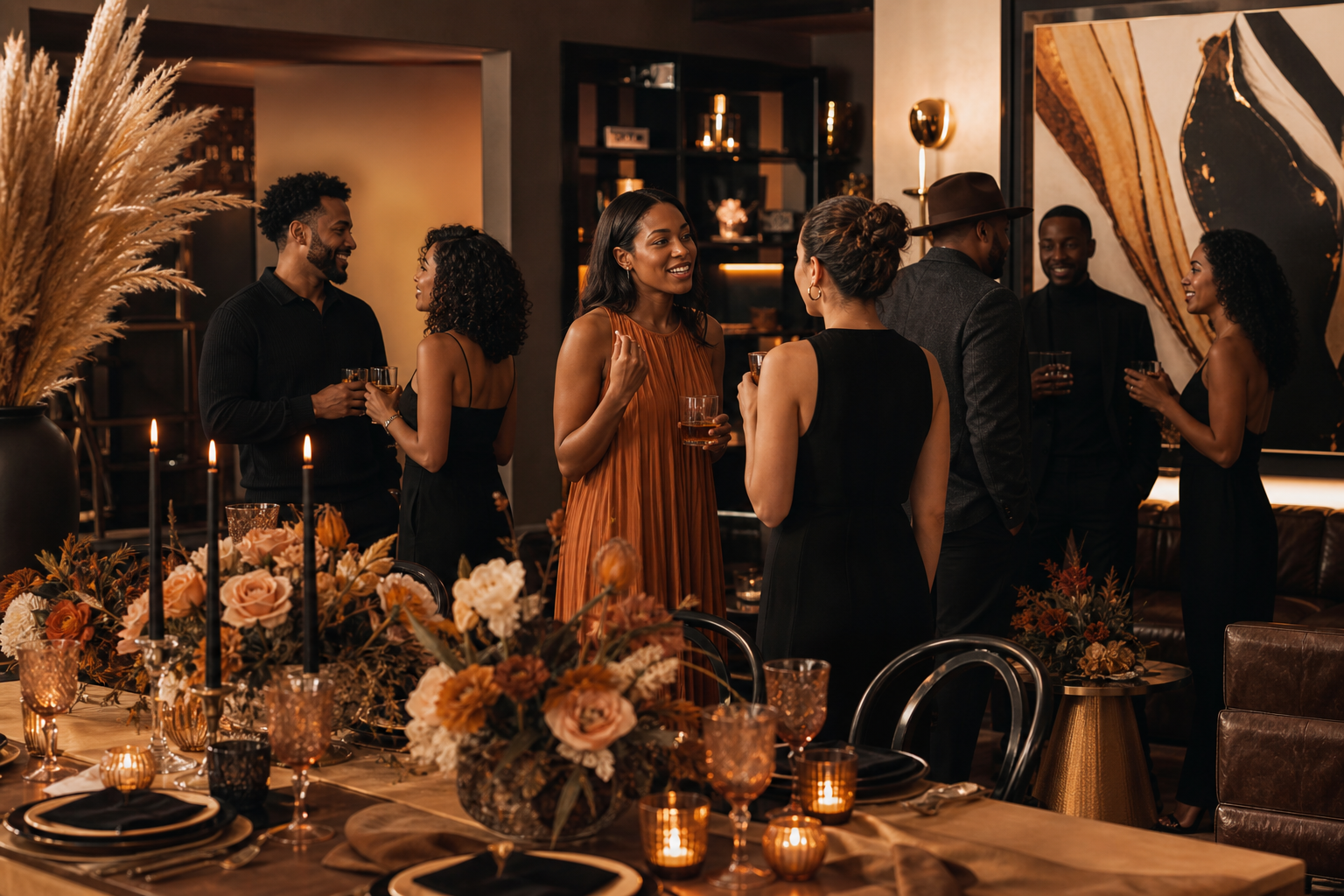 Elegant themed social event with curated tablescape, ambient lighting, styled florals, and guests mingling in a chic lounge atmosphere