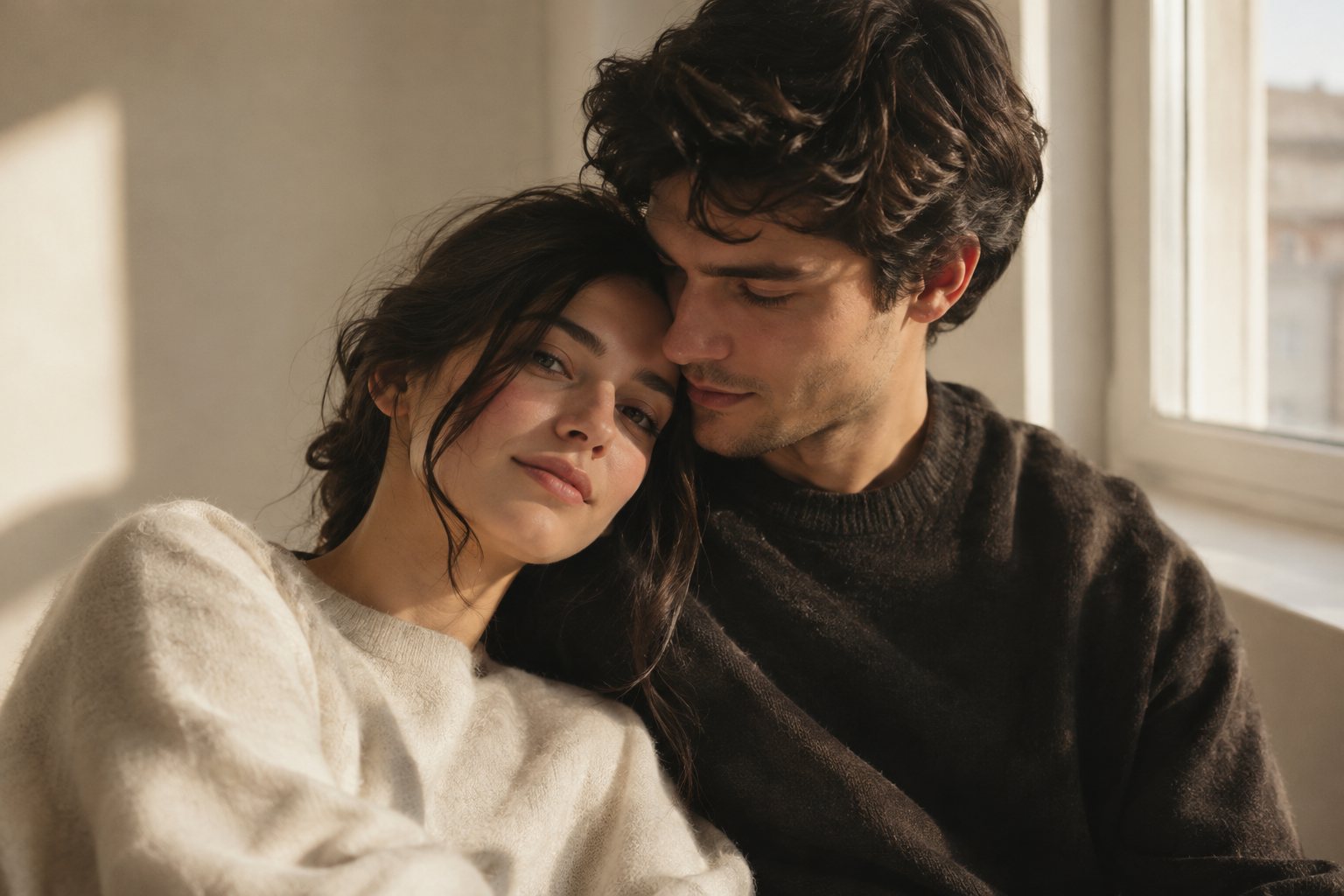 An affectionate close portrait of a dark-haired couple leaning together beside a sunlit apartment window, with warm neutral surroundings.