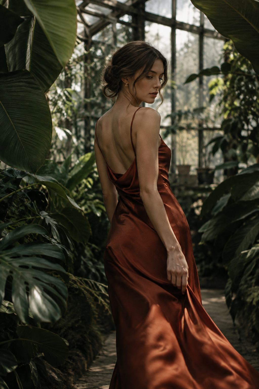A model in a deep rust silk dress turns through a shadowed greenhouse, framed by broad green leaves and diffused daylight.