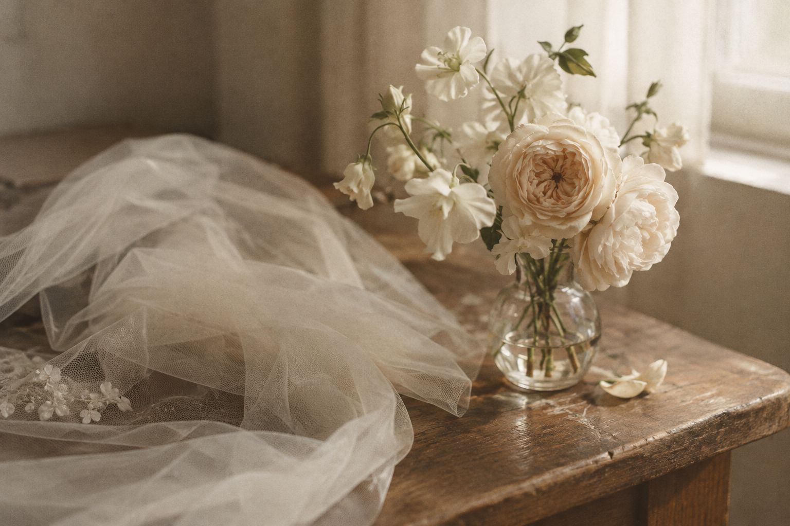 An analog-inspired still life of ivory garden flowers, a softly folded bridal veil, and a small glass vase on a worn wooden table, with fine film grain.