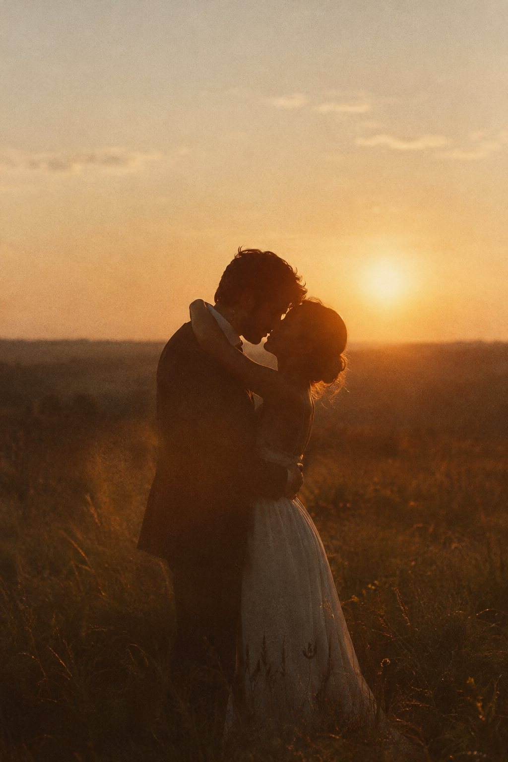 A couple embrace in an open field at sunset, rendered with warm amber tones, gentle grain, and the soft halation of 35mm film.