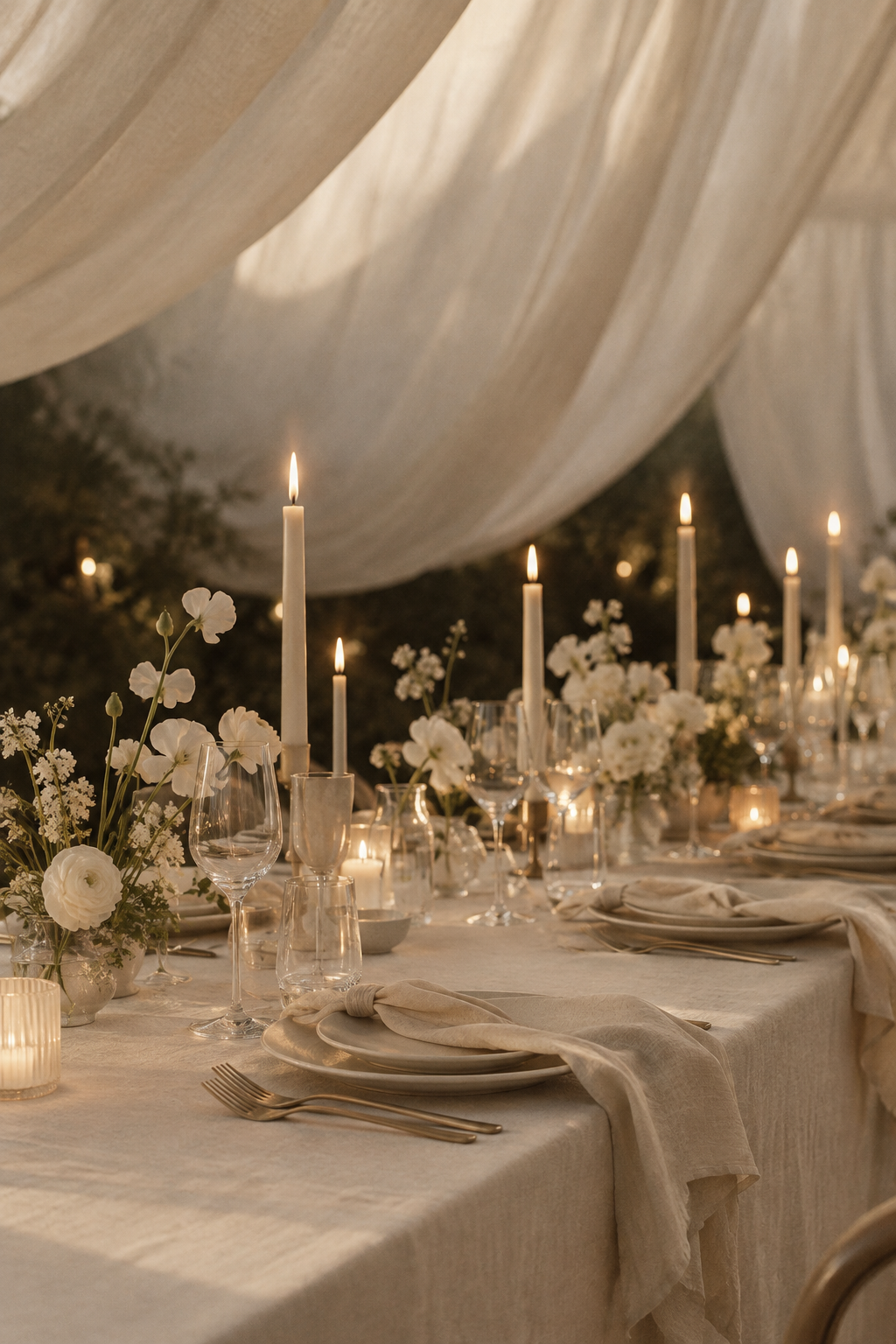 An intimate wedding table set with ivory linen, slender candles, and delicate white flowers under a soft fabric canopy.