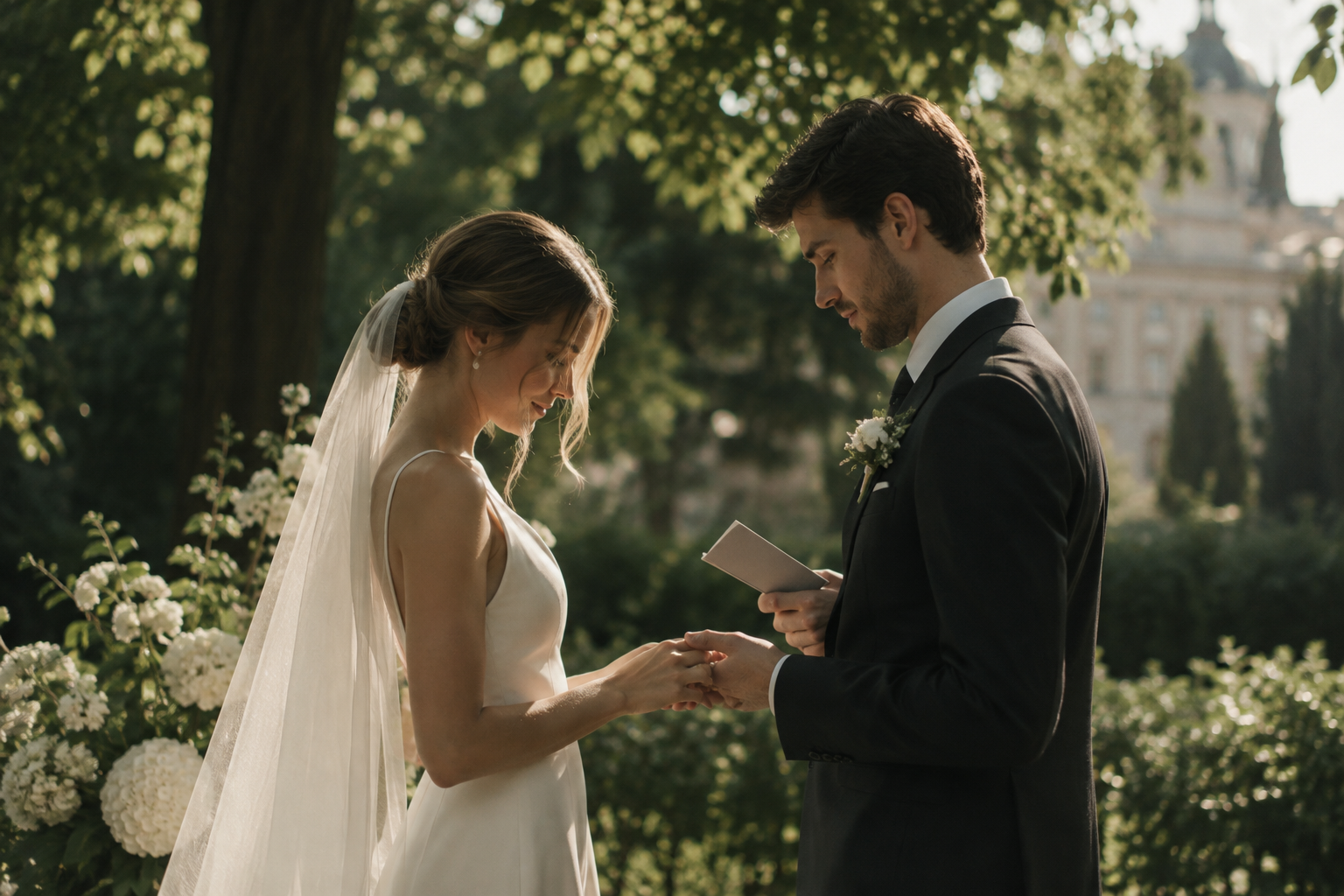 A bride and groom share a quiet exchange of vows in a leafy Kyiv garden, in soft late-afternoon light.