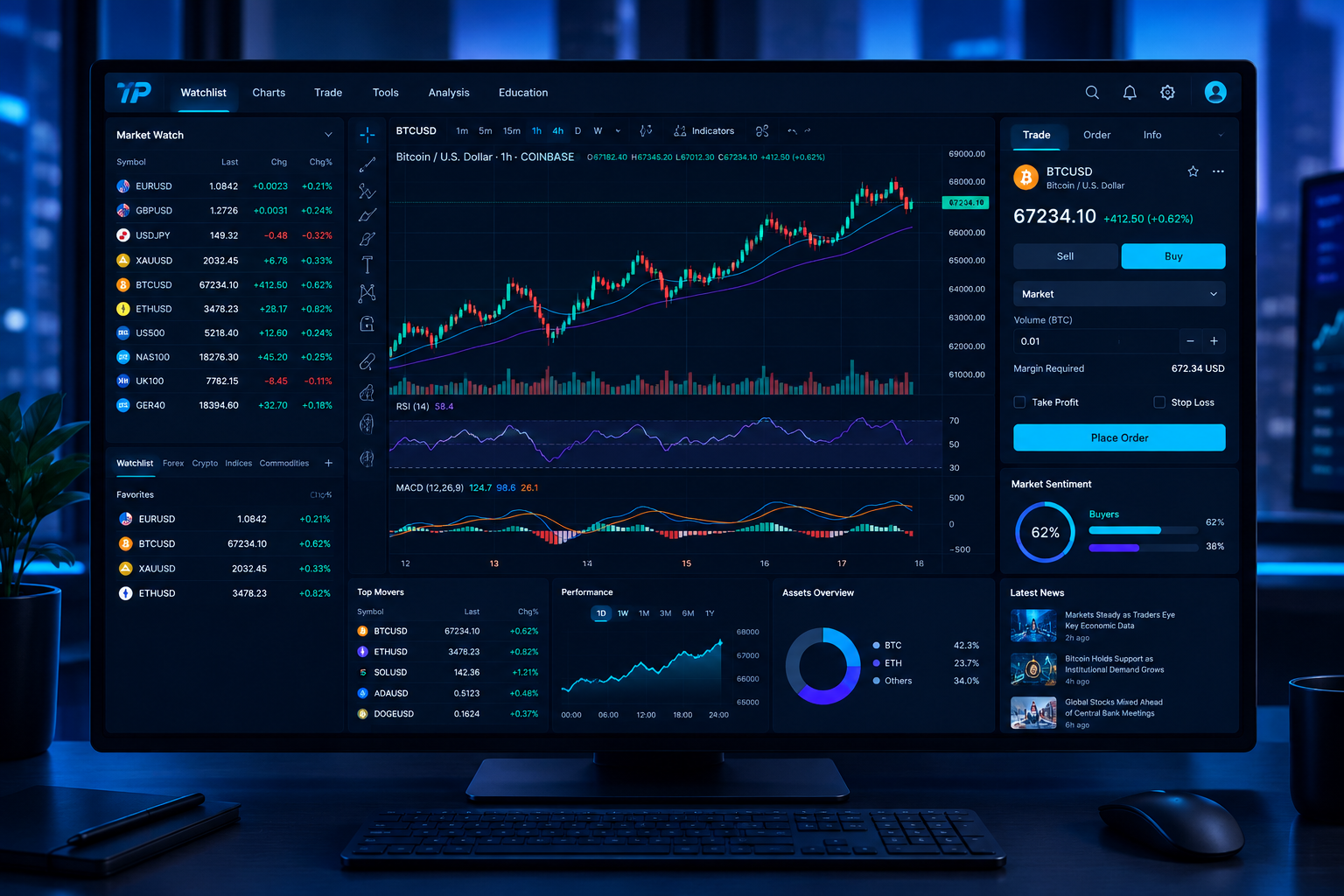 Modern trading software dashboard with candlestick charts, watchlists, order controls, and multiple analysis panels