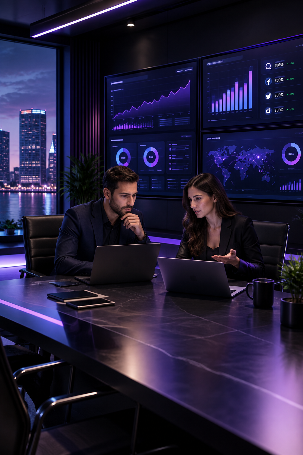 Premium professional digital marketing consultation in a modern dark office with strategy dashboards and campaign analytics screens