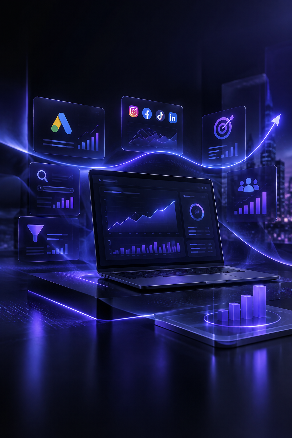 Luminous abstract performance-marketing interface with layered grids, flowing signal lines, campaign-style panels, and refined violet-blue glow
