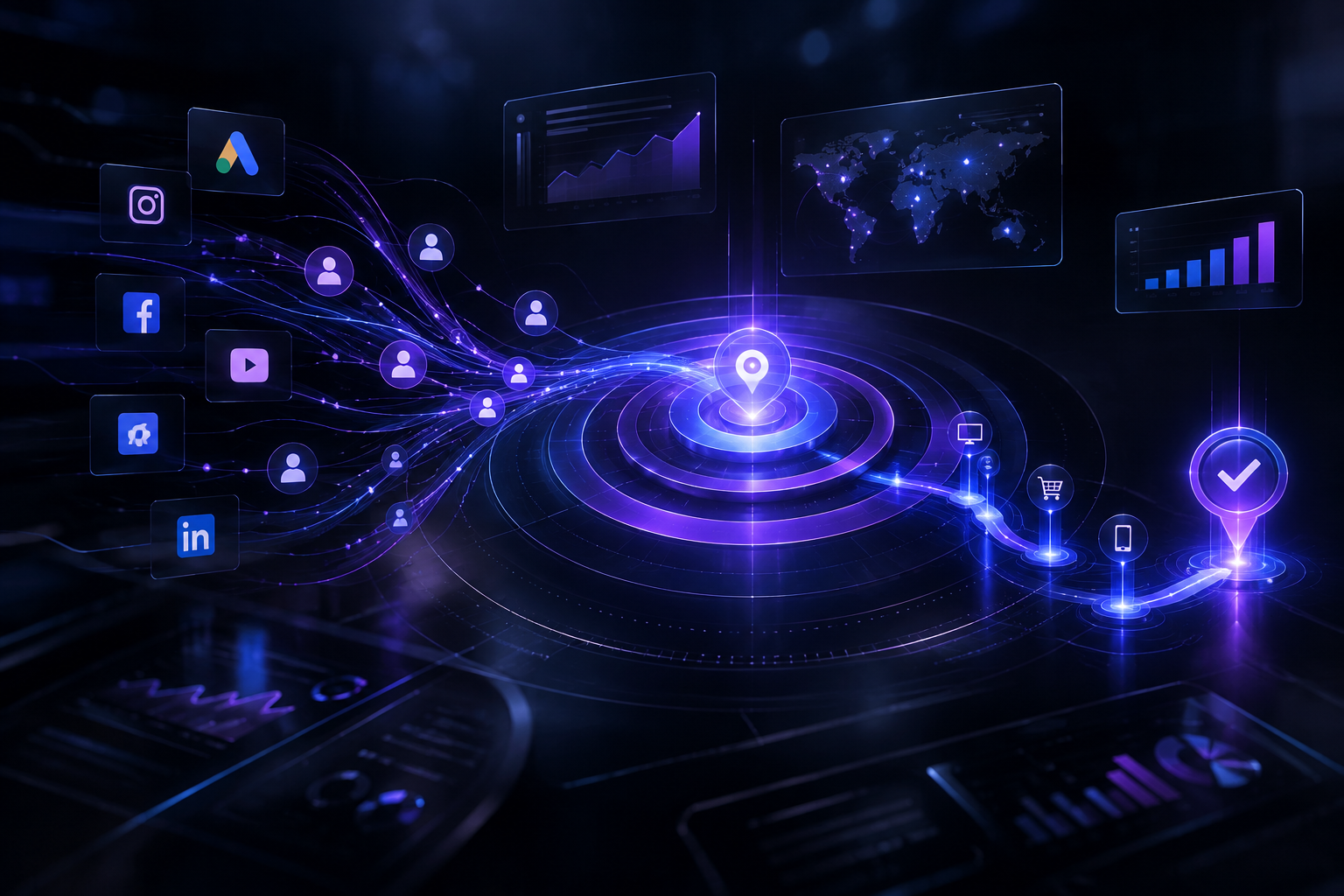 Premium advertising-system concept with layered targeting rings, flowing audience paths, ad placements, and conversion signals over a deep charcoal environment with cool violet-blue glow