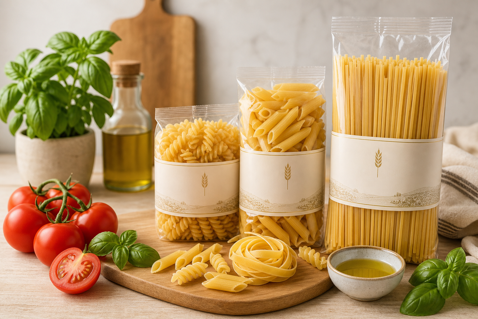 Сучасна продуктова композиція з пакованими макаронами з твердих сортів пшениці, томатами, базиліком і дерев’яною поверхнею