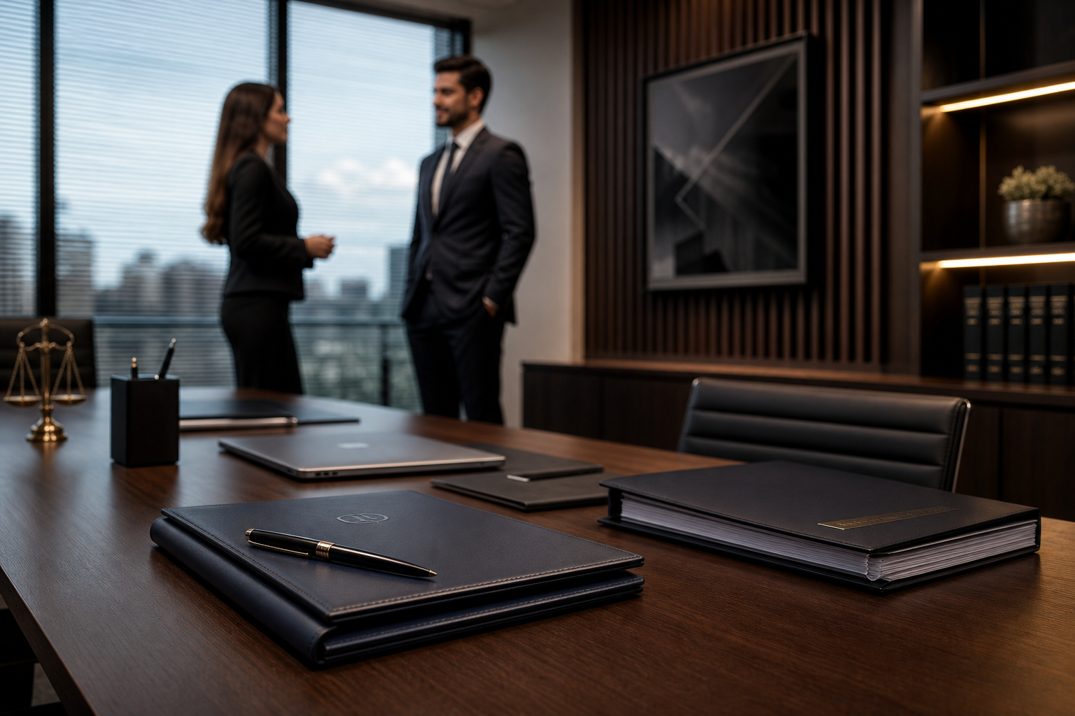 Reunião executiva em um escritório jurídico premium com mesa de madeira escura, pastas corporativas e profissionais em traje social