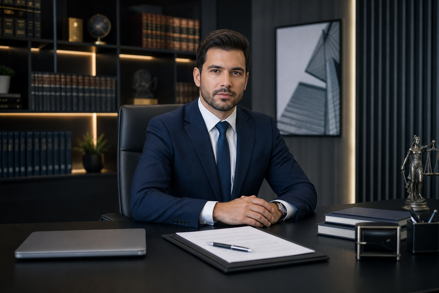 Profissional do direito em ambiente corporativo moderno, com mesa elegante, documentos organizados e iluminação sóbria