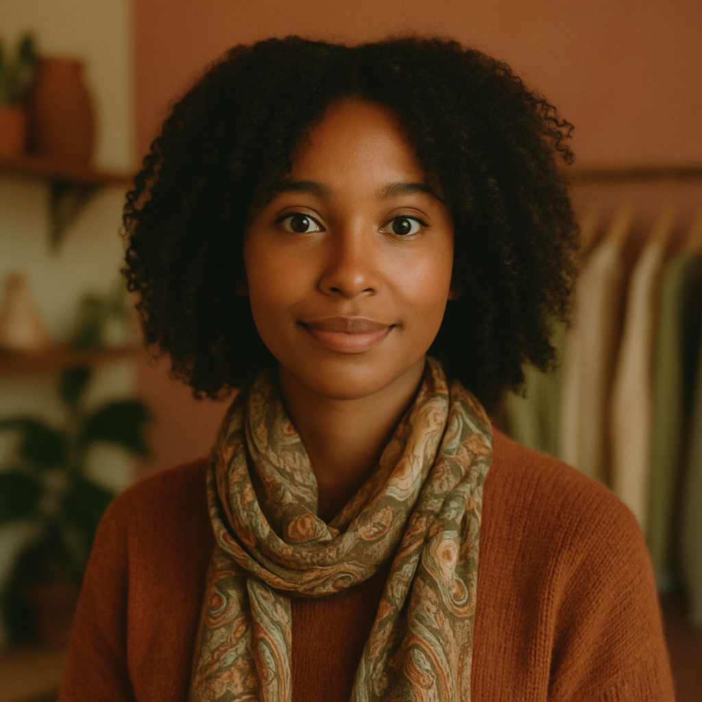 Portrait of a woman with deep brown skin, curly shoulder-length hair, and a patterned scarf, soft friendly gaze