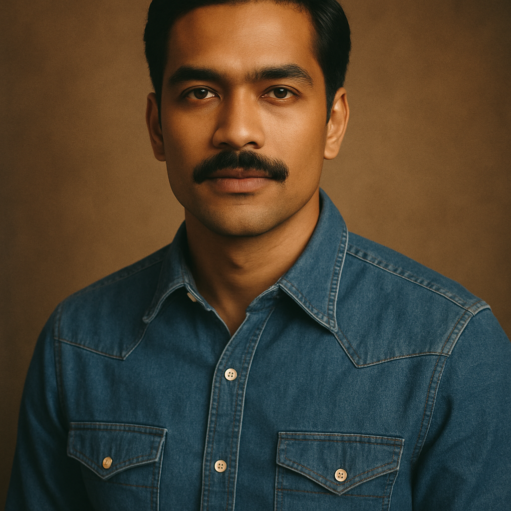 Portrait of a man with medium brown skin, a neat mustache, and a denim shirt, confident expression