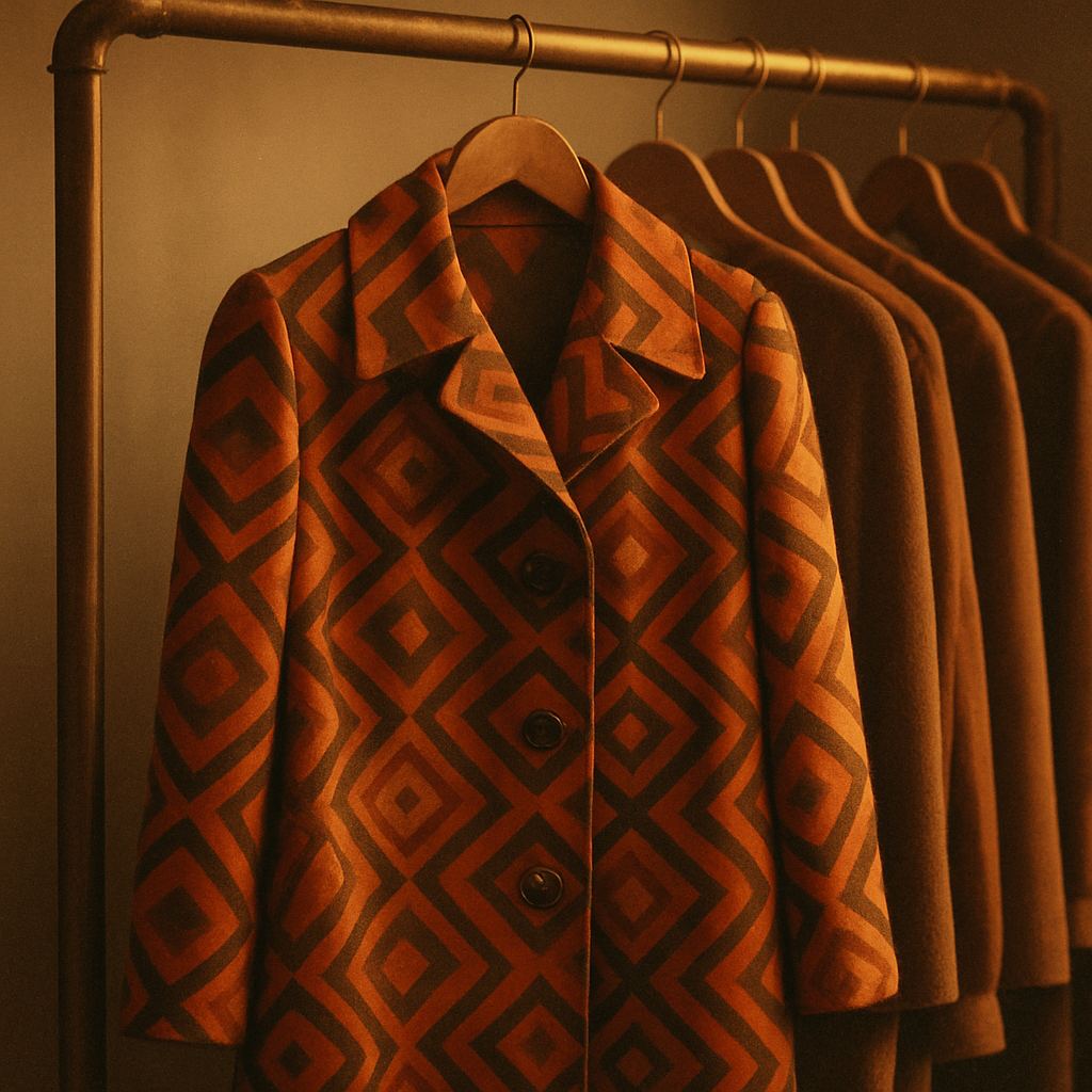A bold retro patterned coat hanging on a boutique rack