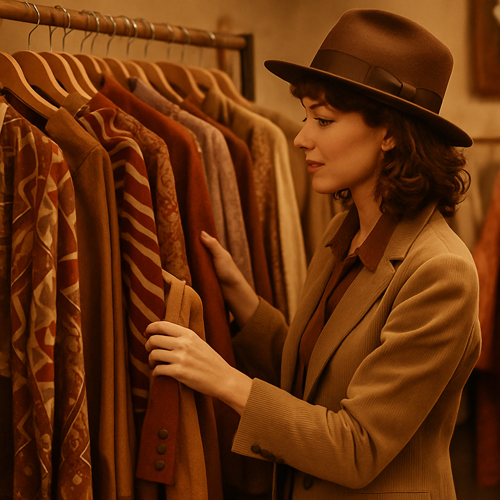 Vintage boutique stylist selecting 70s and 80s garments on a rack