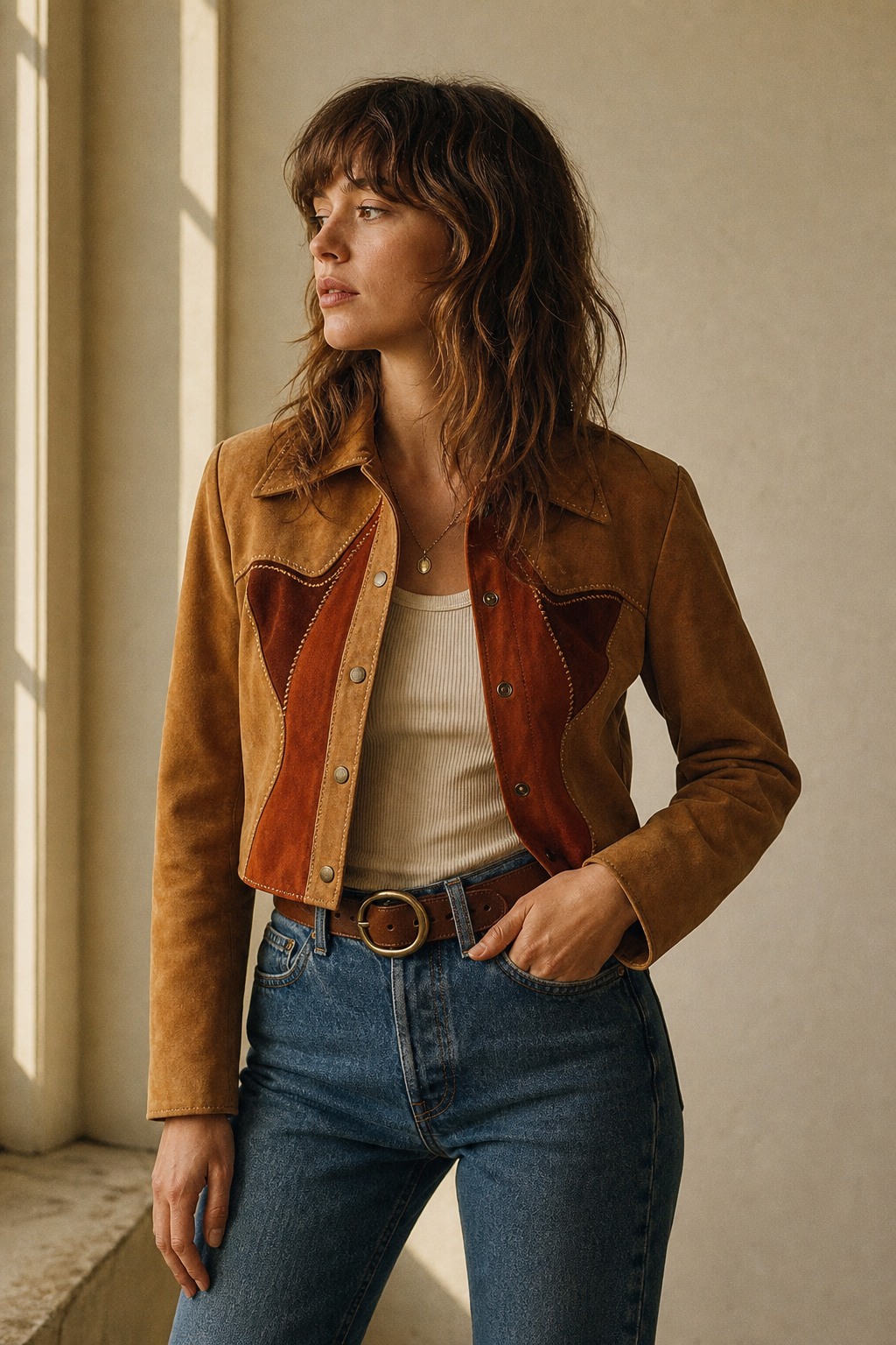Model in a cropped 70s suede jacket with warm earth tones