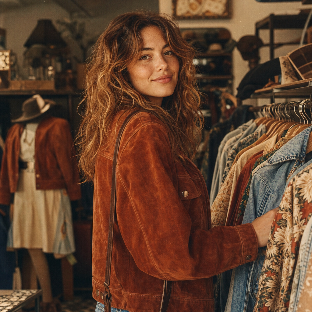 Vintage shopper with honey-brown waves wearing a rust suede jacket